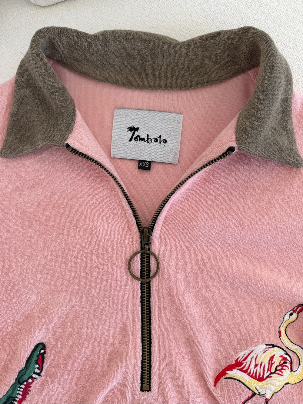 women’s Pink Terry Half-Zip Polo with Animal Embroidered Patches - Picture 2 of 3